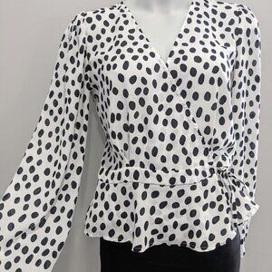 Blousology Black Polka Dot Long Sleeve Wrap Front Top | Size M